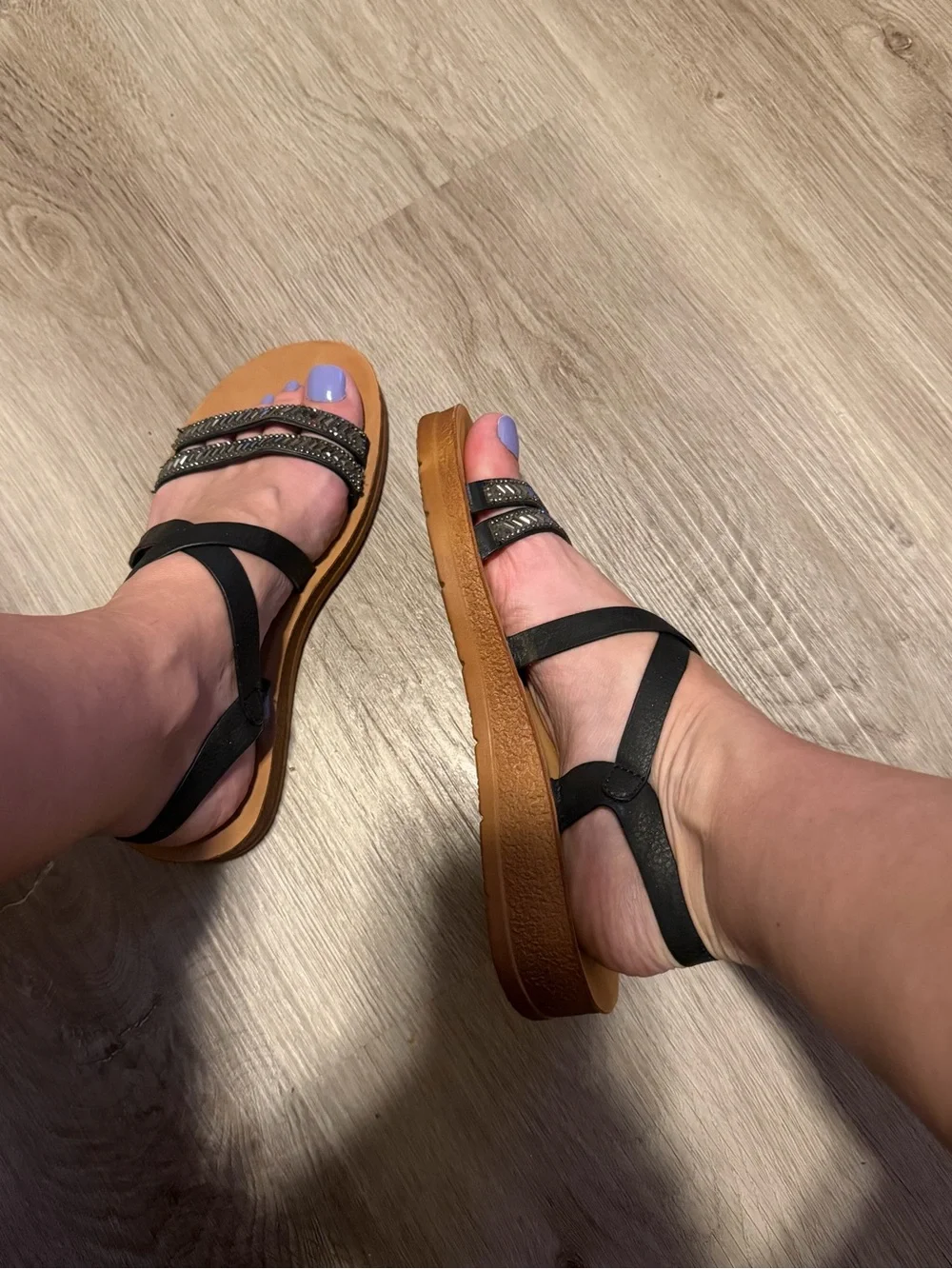 Women's Black Strappy Sandals with Tan Footbed
